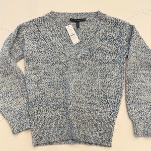 NWT White House Black Market Blue, White and Black Marled V-Neck Sweater